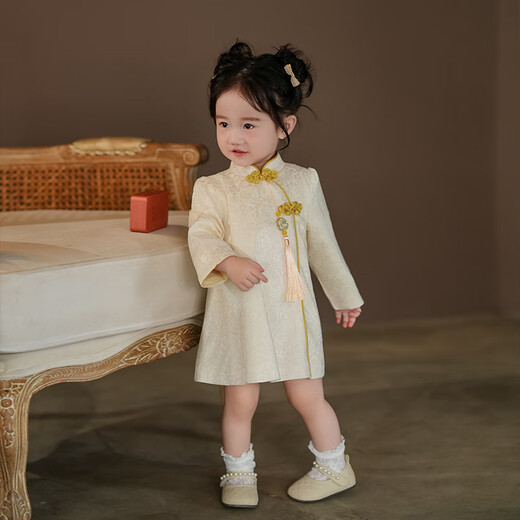 Remdine one-year-old baby dress autumn new girl Tang suit dress princess children's national style cheongsam catch week dress apricot long sleeve 80
