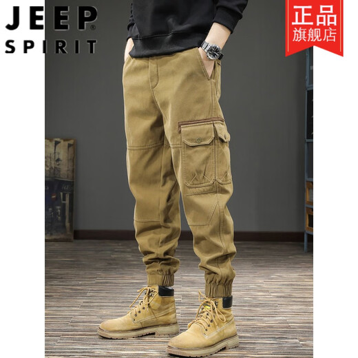 吉普（JEEP）秋季潮牌战术机能工装休闲裤男宽松大码束脚哈伦裤多口袋纯棉长裤 卡其色 2XL 推荐135-155斤
