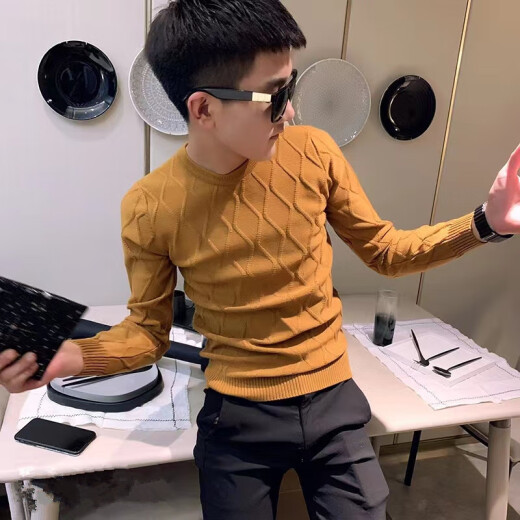 清中乔秋冬季纯色圆领毛衣男士韩版修身百搭针织衫痞帅套头紧身打底线衣 M82纽线毛衣黑色 S 建议75-90斤