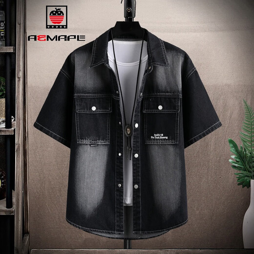 AEMAPE American retro short-sleeved shirt for men 2024 new summer thin fashion wash old denim shirt jacket T698 black 2XL (about 150~170Jin [Jin equals 0.5 kg] can be worn)