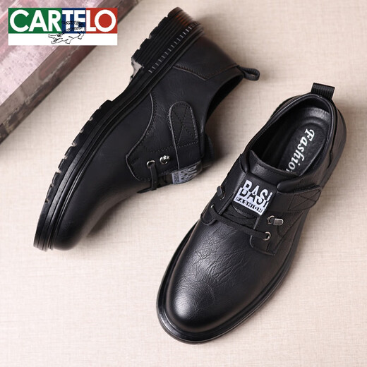 卡帝乐鳄鱼（CARTELO）男鞋2025秋冬新款男士真皮休闲商务软底加棉皮鞋男增高底帮工装鞋 9909黑色加绒款 38