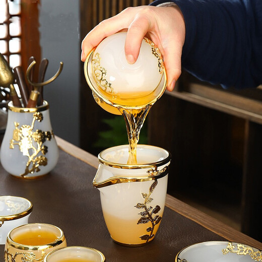 Langting Yafang high-end tea set set, glass pure handmade kung fu tea cup set, home office gift teapot cover bowl, glass set (large set) 14 pieces