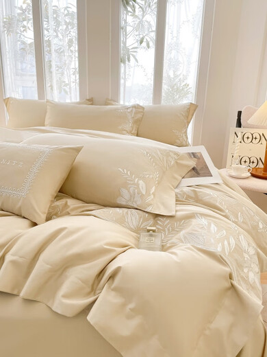 Mercury Series Class A light luxury style Xinjiang long-staple cotton four-piece pure cotton embroidered quilt cover pure cotton simple fitted sheet high-end bedding maternal and infant grade A class cotton (pink) 1.8m bed sheet style four-piece quilt cover 200x230cm