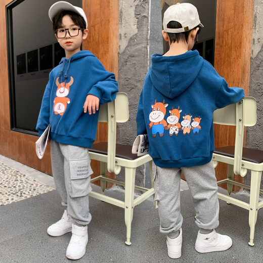 Qiao Gongju children's clothing boys' suits spring 2021 new medium and large children's casual children's suits spring and autumn fashion sports style student clothes trendy blue 140 size (recommended height 130 cm)