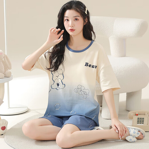 美筠特大码睡衣女士夏季纯棉短袖加肥加大码胖MM200斤家居服夏天套装 KNC3519 5XL