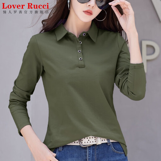 
LOVER RUCCI pure cotton lapel long sleeve T-shirt for women loose 2025 autumn new style top POLO collar t-shirt shirt 9853 green 2XL recommended 125 to 135 Jin [Jin equals 0.5 kg]