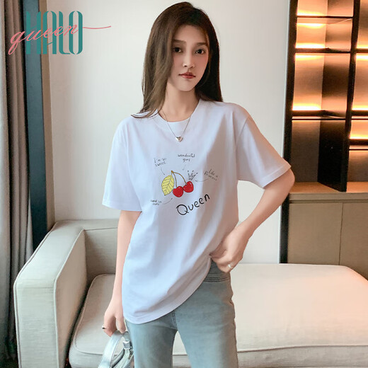 Halo Queen短袖T恤女夏季薄款休闲宽松圆领上衣樱桃涂鸦印花T恤H143T1591
