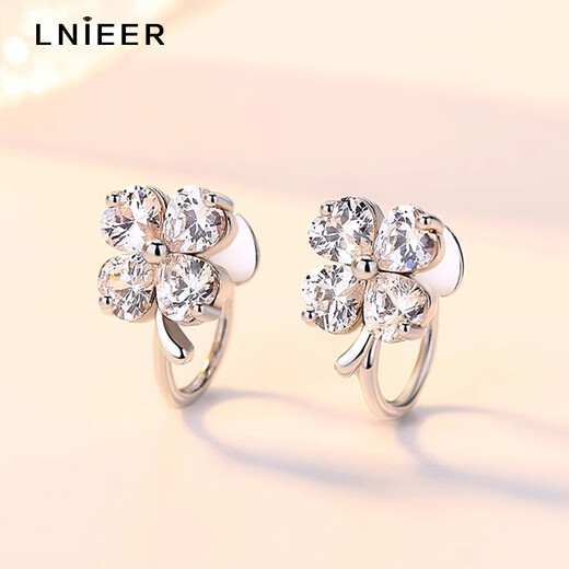 Lnieer925 silver four-leaf clover non-pierced ear clip earrings for women 2025 new niche design silver earrings ear bone clip earrings S925 silver four-leaf clover ear clip