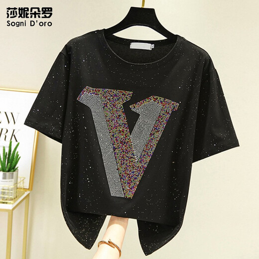 Shanidoluo Gran tamaño Fat Sister Clothing Nuevo producto Producto Fat Pertane Mirando Camiseta de tapa de diamante de hierro Camiseta 16817 Negro-Preesación de 3 días Envío 2xl Recomendado 140-160Jin [Jin equivale a 0.5 kg] para usar