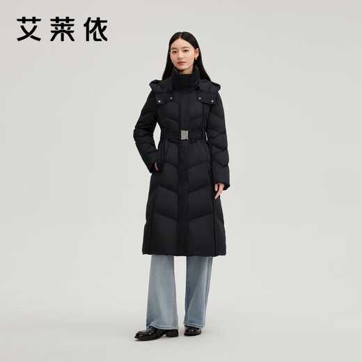 Ai Lai's temperament waisted down jacket women's long removable hooded stylish thickened warm coat carbon black S