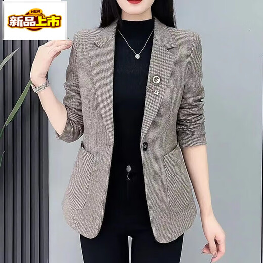Chudiao Houndstooth Small Suit Jacket Women 2025 New Spring and Autumn Korean Style Casual Douyin Suit Top Brown Color Houndstooth Brooch Randomly Send 4XL Recommended 135-150Jin Jin is equal to 0.5 kg