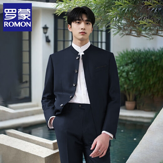 ROMON slim-fitting stand-collar youth tunic suit for men, groom, wedding Chinese suit, Chinese style gentleman suit, black top, single piece XL