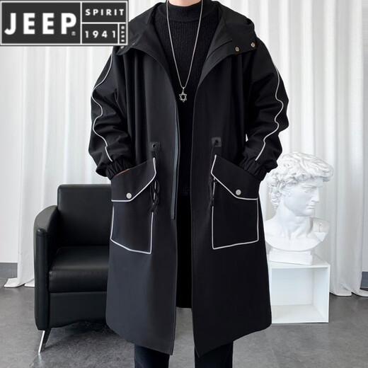 JEEP SPIRIT windbreaker boys spring and autumn hooded mid-length men's loose casual over-the-knee coat winter cotton thickened coat black 996-cotton S 90-100Jin Jin equals 0.5 kg
