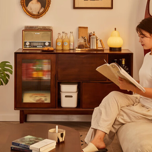 Jiayi solid wood sideboard tea cabinet storage cabinet wall cabinet cupboard kitchen storage cabinet storage cabinet walnut color