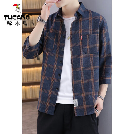 Woodpecker (TUCANO) shirt men's autumn new plaid shirt jacket men's outer wear casual quarter-sleeved shirt top men's clothing DC659 yellow grid L (recommended 100-120 Jin [Jin equals 0.5 kg])