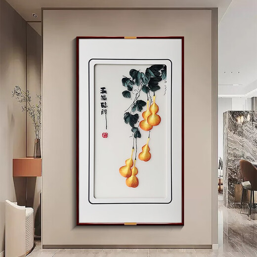Zi Teng Suixuan Five Blessings Come to the Door Su Embroidery Finished Painting Entry Hall Decoration Painting Living Room Gourd Wall Painting Chinese Style Embroidery Mural Five Blessings Come to the Door (Default Brown) 70*123cm (Tempered Glass)
