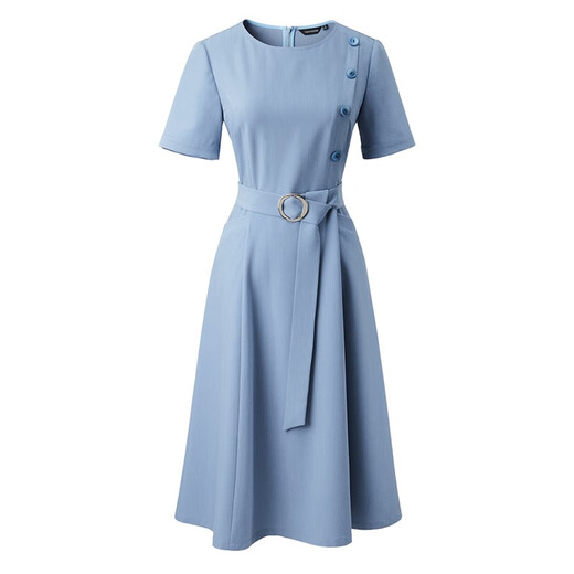 YanYEE Professional Women's Dress Solid Color Round Neck Short Sleeve 2024 Summer New Style Waist Slimming Commuter Button Blue M/38