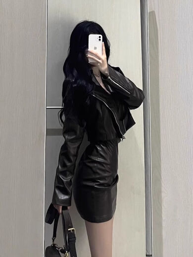 GUOCILRN套装女2025春秋新款辣妹短款皮衣外套夹克吊带连衣裙显瘦包臀裙潮 单件黑色外套 S [80-95斤]
