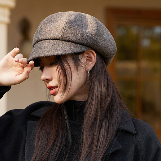 Jimmy Leaf British retro octagonal hat for women autumn and winter Korean version new painter hat casual all-match simple beret small face Mocha color M (56-58cm)