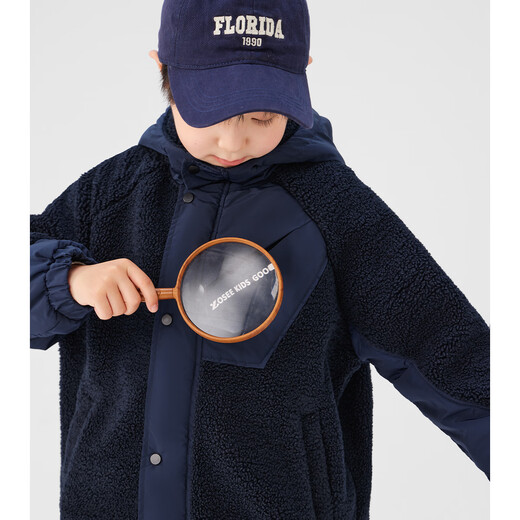 Zuoxi Boys' Lamb Wool Jacket 2025 New Hooded Padded Children's Autumn and Winter Clothes Boys' Cotton Clothes Navy Blue 130