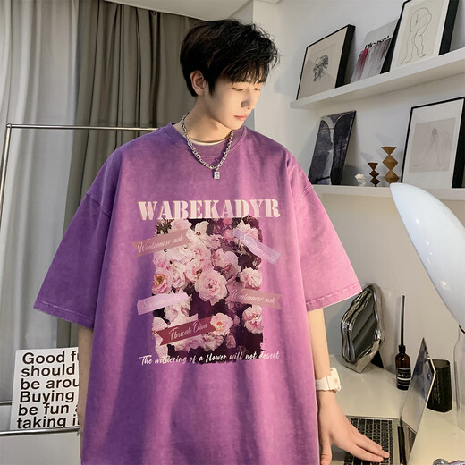 YOOOURTHING夏季新款潮牌美式复古蜡染水洗做旧宽松240克重磅纯棉短袖t恤男士 T691水洗黑色 XL建议（120-145斤）