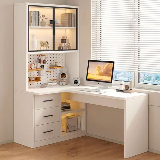 Suzhan solid wood desk and bookshelf integrated bedroom children's writing desk simple corner desk desktop office computer table solid wood ecological board cream white - bookcase on the left 120*65*170 bookcase two glass doors