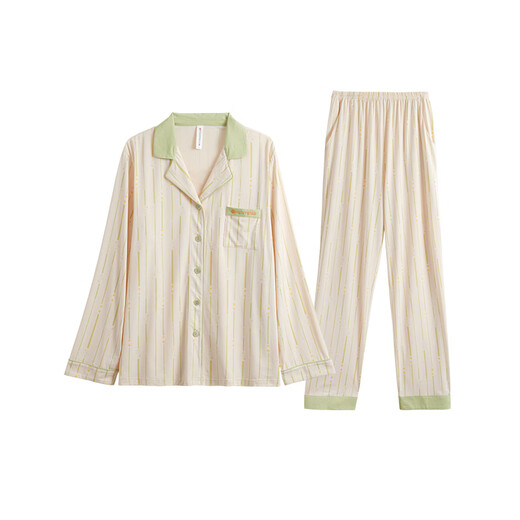 Fenton Couple Pajamas Fan Chengcheng's Same Style Star's Same Style Spring 5A Antibacterial Lapel Comfortable Style Homewear Cover Bean Green - Men's L