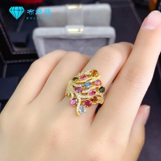 Xinheming Tourmaline Ring Girls Light Luxury Ring New Product Brazilian Women's S925 Silver Exquisite and Attractive Multi-grain Candy Color Fresh and Hao Tourmaline Ring Color