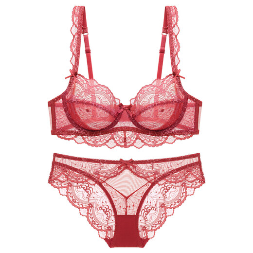 
VRSZEE light luxury brand underwear for women thin style gathering bra set small breasts and sexy lace underwear seductive bikini burgundy 80B