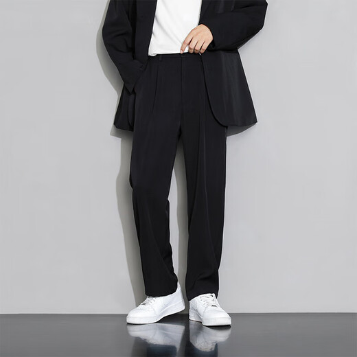 SHANNU casual pants men's autumn and winter velvet thickening drape trendy loose wide-leg straight business suit trousers 819 black high quality XL (recommended 135-145Jin Jin equals 0.5 kg)