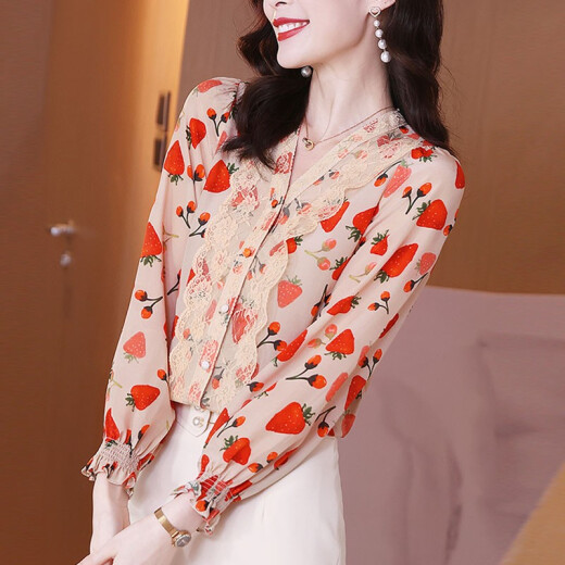 Yiyuyouxiang shirt women's spring 2021 new French niche sweet print stitching lace V-neck top picture color L