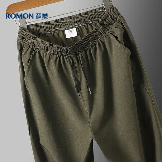 
ROMON casual pants men's summer loose sports straight pants ice silk elastic nine-point pants men's clothing 718 military green 2XL