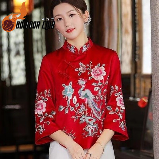 创京懿选女成人改良旗袍上衣复古中风复古改良唐装旗袍中式盘扣立领红色衬 1276玫红 M【建议85-108斤】