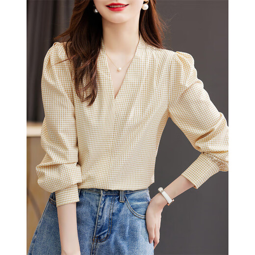 Demana (dme) pleated design shirt spring and autumn commuter V-neck straight long-sleeved plaid shirt women's tops Autumn Leaf Yellow XL