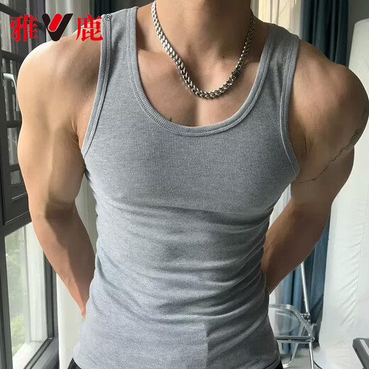 雅鹿背心男100%纯棉粗螺纹白色圆领大码紧身弹性运动健身透气吸汗背心 黑色【100%棉】 XL 建议120-140斤