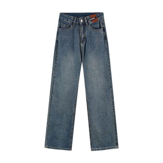 Markyinxiang verdickte warme Jeans für Frauen im Herbst und im Winter Lose Design Ledermarke High Taille gerade und Samt-Weithose mit weit langen Retro-Blau plus Samt HN684-2 plus Samt XL XL