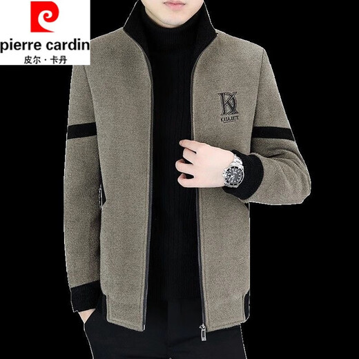 Pierre Cardin (Pierre Cardin) Autumn and Winter Fashion Woolen Jacket Men's Velvet Thickened Stand Collar Jacket Trendy Handsome Casual Woolen Coat Trendy Khaki Velvet XL 125-145Jin Jin is equal to 0.5 kg