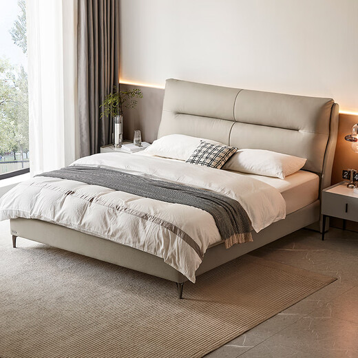 Maison de Lin's Modern Simple en cuir couche-coucher couche Cow Hide Master Bed Double Bed Small Momening's Wood Industry TPC717 Far Mountain Ash Ash High Bed 1.8x2M