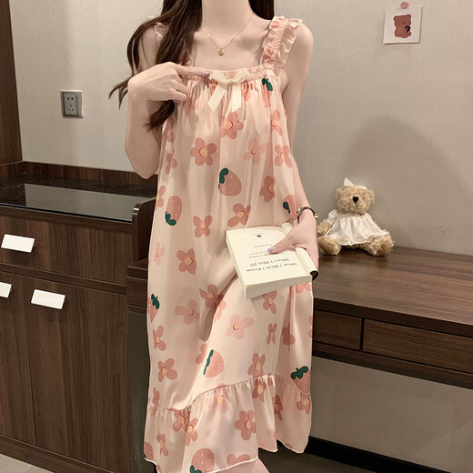 贝逸芙睡裙女夏季带胸垫高级感冰丝凉感吊带睡衣夏天女士甜美可爱家居服 1355#红色花朵 L