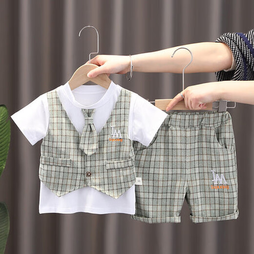 G.DUCKKIDS children's clothing boys' suit summer thin fake three-piece children's summer clothing pure cotton baby clothes small and medium-sized children's short-sleeved T-shirt 9202IM vest short-sleeved gray 100 Recommended 90-100cm3-4 years old