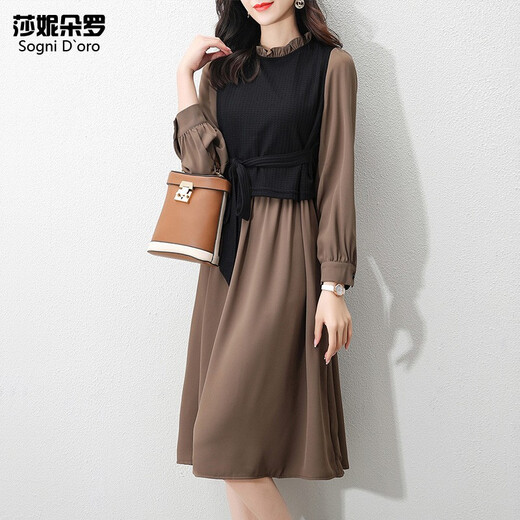 Shanidoluo large size women's clothing fat sister spring and autumn style slimming medium length fake two-piece fat mm belly-covering chiffon dress 16788 khaki 5XL recommended 180-200 Jin [Jin equals 0.5 kg] to wear