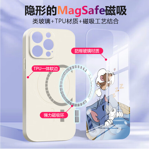 MSMF NUEVA MANZANA MAGE MAGNETIC Case de gato y mouse Vidrio templado Silicona Silicona Soft Edge Soft Falling Magsafe Targando Sleep Tom Jerry Adecuado para parejas [Lavender de vidrio magnético] Jerry-ABL841Y iPhone13Pro