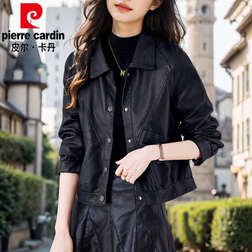 Pierre Cardin Haining Genuine Leather Jacket Women's Short 2025 New High-end Women's Small Sheepskin Jacket Khaki XL Suitable for 115-125 Jin Jin equals 0.5 kg