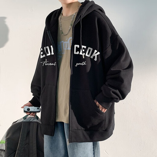 百鹊亭夹克男2025春夏季美式潮牌运动连帽开衫外套男青少年时尚卫衣男 杏色 L