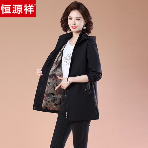 恒源祥风衣外套女款中长款2024春季新款中老年女装春装妈妈洋气上衣 黑色 4XL 适合155-170斤
