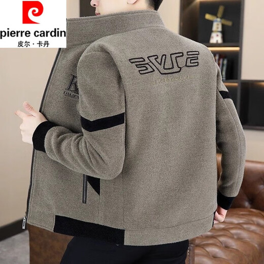 Pierre Cardin (Pierre Cardin) Autumn and Winter Fashion Woolen Jacket Men's Velvet Thickened Stand Collar Jacket Trendy Handsome Casual Woolen Coat Trendy Khaki Velvet XL 125-145Jin Jin is equal to 0.5 kg