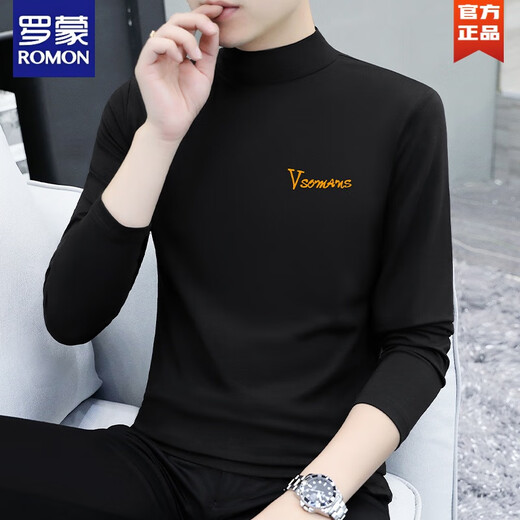 ROMON Winter Men's Turtle Collar Autumn Clothes Cotton Long-Sleeved Bottoming Shirt Slim Half Turtle Collar Men's T-shirt Stand Collar Shirt YPC6187 Black Half Turtle Collar M Recommended 100-115 Jin Jin equals 0.5 kg