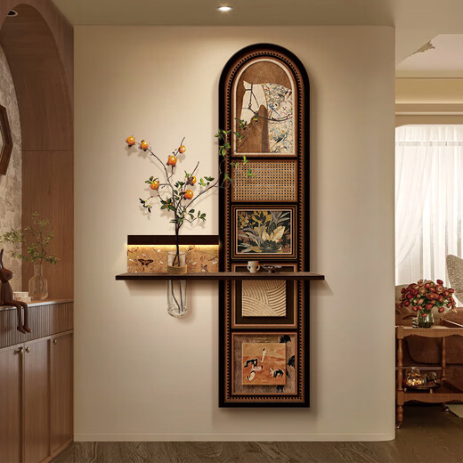 Yujian Erzhong ancient style entrance hall decorative painting hydroponic green plants corridor aisle hanging painting 2025 new entrance door facing mural lamp A style + FZH04 + FZH23 - ancient spelling elegance 40*80cm - vase 20 frameless double layer three-dimensional texture sandstone painting ordinary style (without lights)