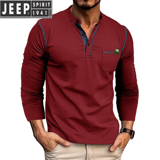 JEEP SPIRIT Henley long-sleeved T-shirt men's 2025 new American retro heavyweight men's seamless barrel knitted Henley collar bottoming shirt royal blue L US