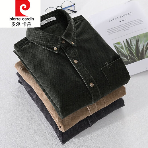 皮尔卡丹（pierre cardin）春秋季加绒长袖衬衫男灯芯绒外套加厚宽松休闲条绒棉衬衣纯色上衣 9755款-卡其色 常规 M 【105左右】